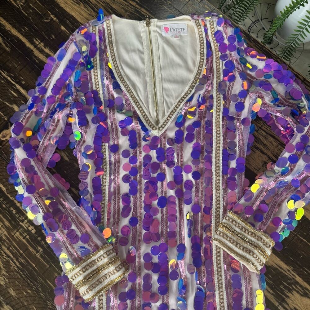 L’ATISTE - Purple Sequin & Gold Dress - SMALL - Picture 3 of 16